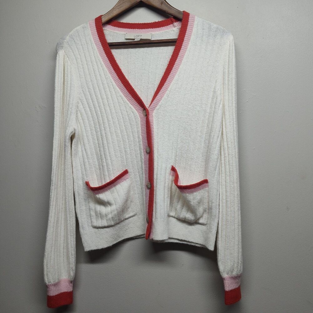 Loft Knit Cardigan Sweater Women M White Red V-Neck Retro Y2K Preppy Casual